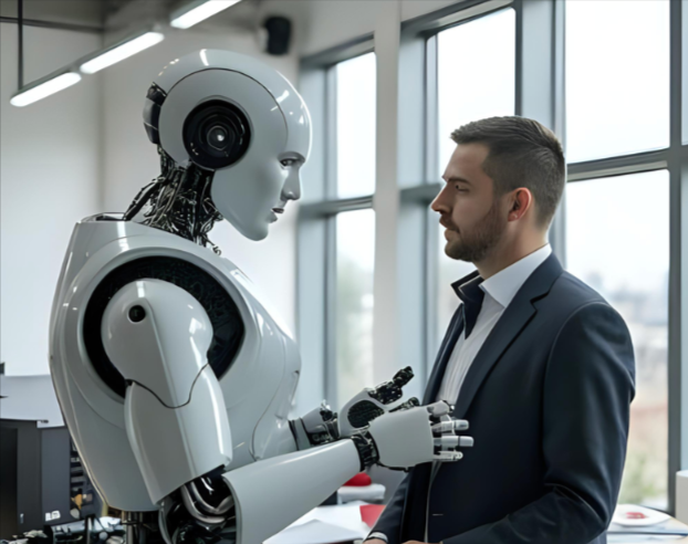 Intelligence artificielle au travail - Homme d'affaires avec robot IA